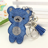 Cute Bear Leather Tassel Keyrings Keychains Full Crystal Rhinestone Beads Silver Car Handbag Pendant Key Chian Ring Holder