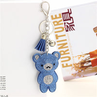 Cute Bear Leather Tassel Keyrings Keychains Full Crystal Rhinestone Beads Silver Car Handbag Pendant Key Chian Ring Holder