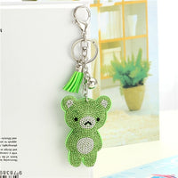 Cute Bear Leather Tassel Keyrings Keychains Full Crystal Rhinestone Beads Silver Car Handbag Pendant Key Chian Ring Holder