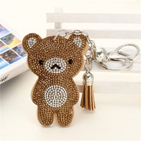 Cute Bear Leather Tassel Keyrings Keychains Full Crystal Rhinestone Beads Silver Car Handbag Pendant Key Chian Ring Holder