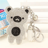 Cute Bear Leather Tassel Keyrings Keychains Full Crystal Rhinestone Beads Silver Car Handbag Pendant Key Chian Ring Holder