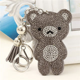 Cute Bear Leather Tassel Keyrings Keychains Full Crystal Rhinestone Beads Silver Car Handbag Pendant Key Chian Ring Holder