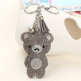 Cute Bear Leather Tassel Keyrings Keychains Full Crystal Rhinestone Beads Silver Car Handbag Pendant Key Chian Ring Holder