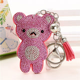 Cute Bear Leather Tassel Keyrings Keychains Full Crystal Rhinestone Beads Silver Car Handbag Pendant Key Chian Ring Holder