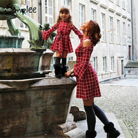 Mother daughter plaid dresses family matching clothes Long sleeve sashes women girls short dresses Spring red fashion kids dress